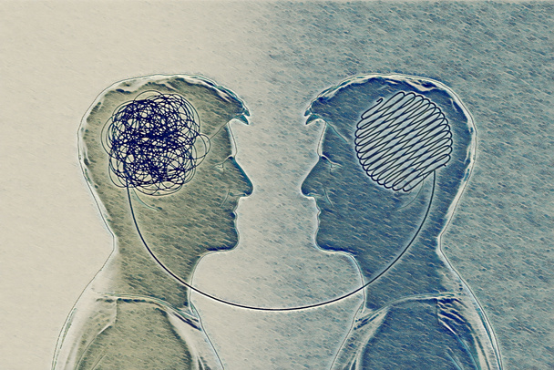 Due esseri umani testa silhouette psicoterapia concetto. Terapeuta e paziente. Illustrazione per blog psicologo o post sui social media. - Foto, immagini