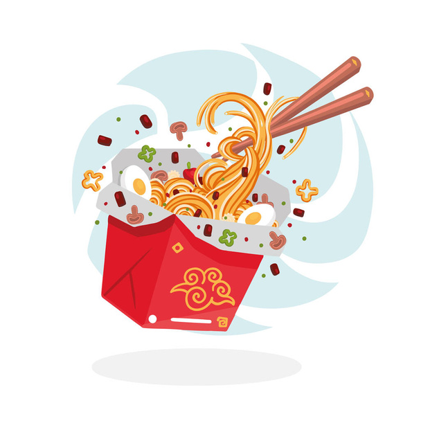 Asian Noodle in red box. Cartoon vector illustration. Isolated on white background. Design for poster, banner, menu, cafe and web.Asian food in box illustration. - Vector, Image