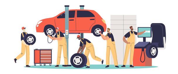 A munkások kereket cserélnek a kocsira. Autószerelő javítási szolgáltatás a gumiabroncs szerelésén dolgozó technikusokkal - Vektor, kép