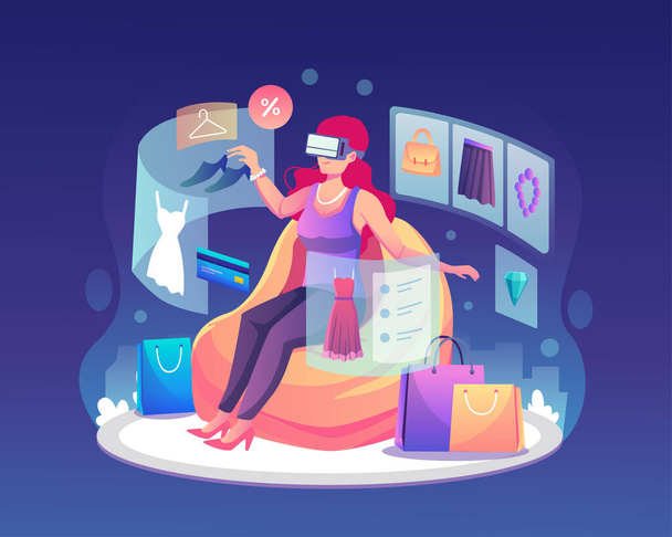 A young woman wearing VR glasses is doing a shopping experience in the metaverse. Virtual Reality Shopping Concept. Flat vector illustration - Vector, Image