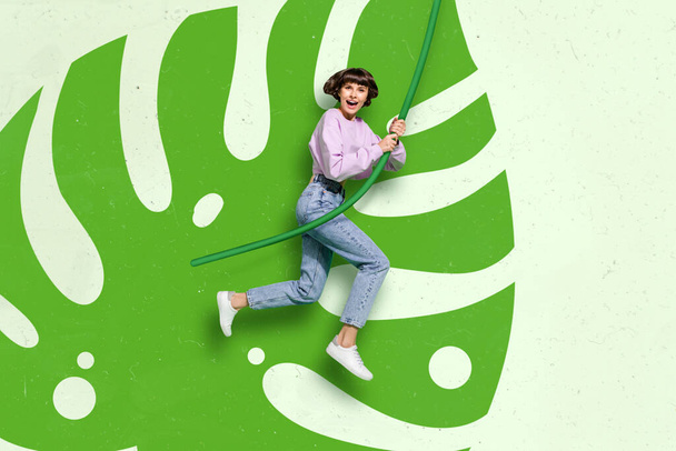 Profile composite illustration of woman hang swing vine rope isolated on green leaf background - Foto, afbeelding