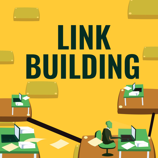 Znak tekstowy pokazujący Link Building. Pomysł na biznes SEO Term Exchange Links Acquire Hyperlinks Indexed Mężczyzna pracownik biurowy wykorzystujący dostępne technologie materiały biurowe. - Zdjęcie, obraz