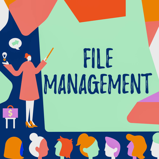 Conceptual caption File Management. Business idea computer program that provides user interface to manage data Lady Pointing Backdrop Presenting Newest Successfull Financial Strategies. - Фото, изображение