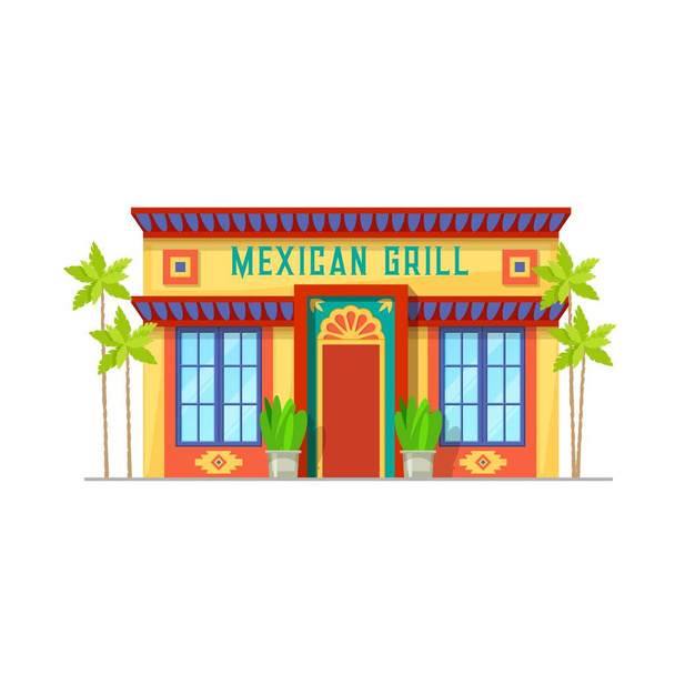 Mexikói konyha étterem épület ikon. Mexikói gyorsétterem, grill kávézó vektor homlokzat, mexikói konyha étterem bejárati ajtó etnikai díszek a falakon - Vektor, kép