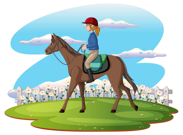 馬のイラストに乗っている女の子のシーン - ベクター画像