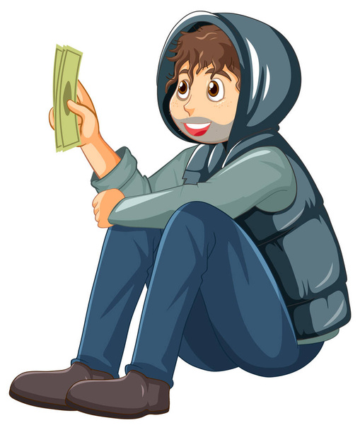 Homeless man holding cash cartoon character illustration - Вектор,изображение