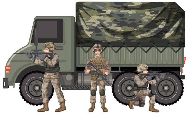 Vehículo militar y soldado sobre fondo blanco ilustración - Vector, imagen