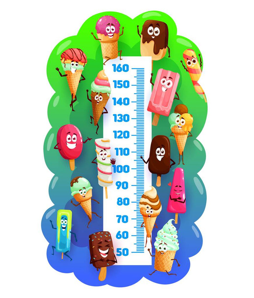 Carta de altura de los niños. Helado personajes divertidos, vector medidor de crecimiento regla alta. Carta de altura para niños con helado helado congelado de dibujos animados, esquimal, postre, chocolate y helado de caramelo en cono de oblea - Vector, imagen