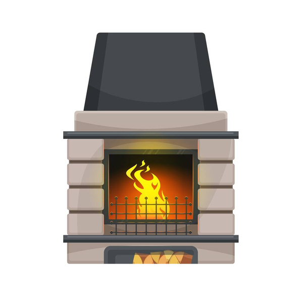 Stone fireplace with firewood. Home isolated vector classic open hearth, dwelling modern fireplace or house heating equipment with fire flame, grates and wood chunks in storage - Vector, Image