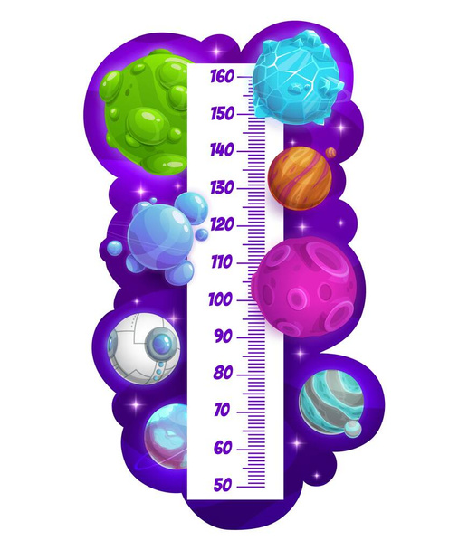 Kids height chart with cartoon space planets, vector growth measuring meter. Child height scale and tall measurement rule with alien galaxy and fantasy space planets or cosmic spaceships - ベクター画像