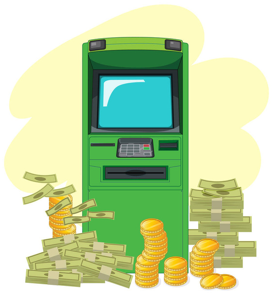 ATM machine with stack of coins and cash illustration - Vektor, obrázek