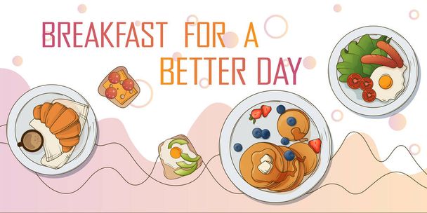 Hand-drawn vector background of different breakfast with pancakes, croissant, sausage, fried egg. Perfect for design of poster, banner, website, card, decoration of menu, cafe. In cartoon style. - Vector, Imagen
