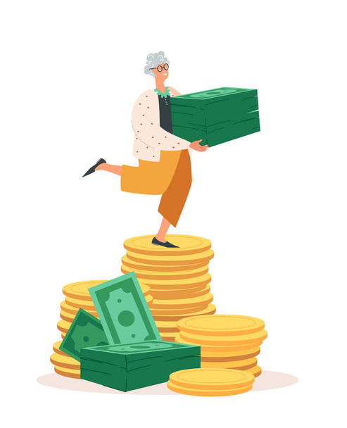 Pensioner Woman,Wealth, Stability Retirement Concept.Senior Woman with Huge Pile of Banknotes Standing on gold Coins.Investment Growth Money,Single Female Character Budget Savings.Vector Illustration - Вектор,изображение