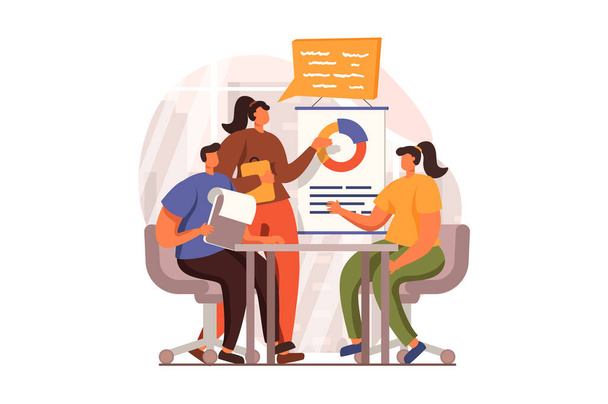 Business meeting web concept in flat design. Women and men research financial report, discuss and improve strategy. Colleagues brainstorming at conference. Vector illustration with people scene - Вектор,изображение