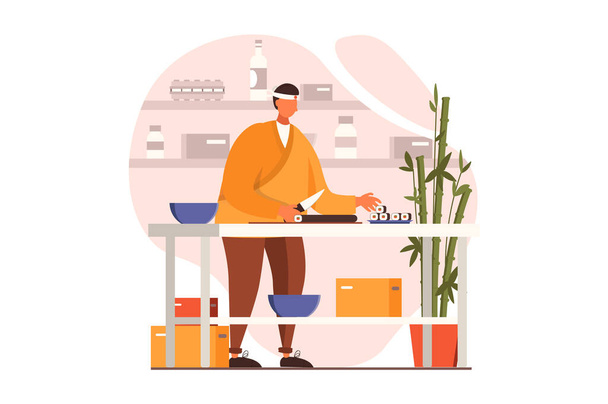 Koken en restaurant web concept in plat design. Sushi chef bereidt gerecht van de Aziatische keuken staande aan tafel in de keuken. Culinaire kunst en professioneel personeel. Vector illustratie met mensen scene - Vector, afbeelding