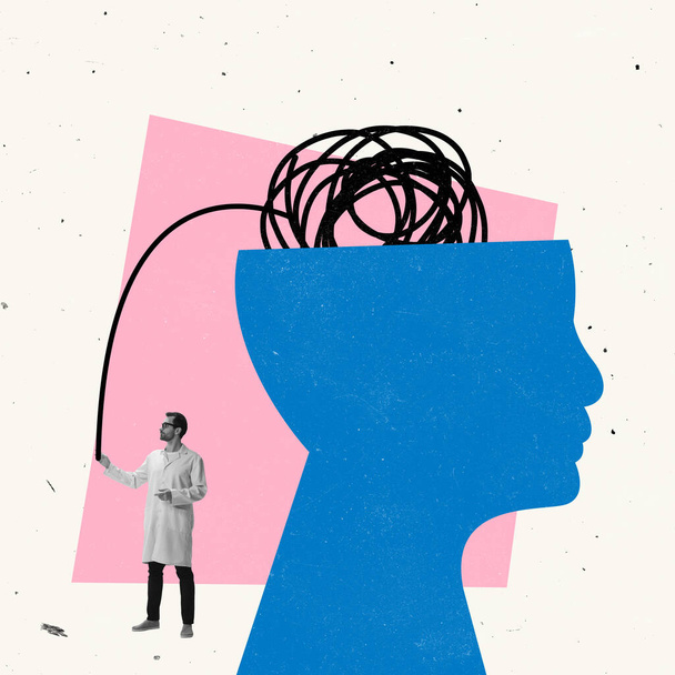Сучасне мистецтво колаж. Чоловік, лікар, вчений стоїть біля гігантської голови людини, працює з психічними проблемами
 - Фото, зображення