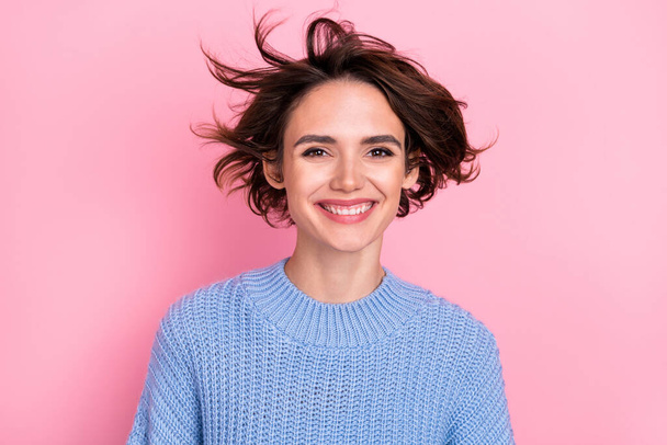 Portrait of adorable satisfied girl toothy beaming smile look camera isolated on pink color background - Valokuva, kuva