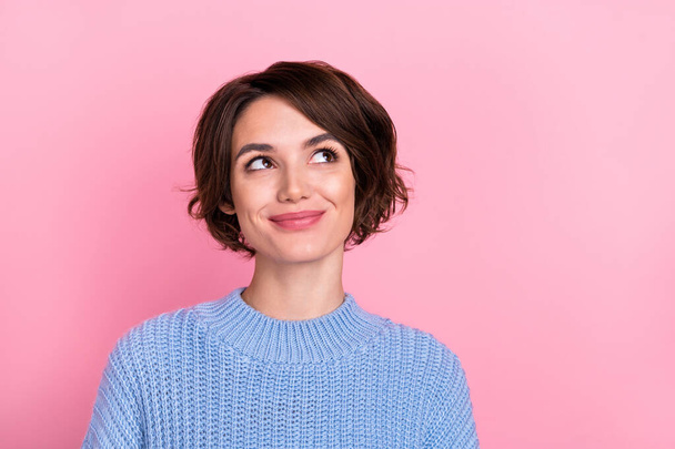 Portrait of adorable positive lady look blank space thinking dreaming see promotion isolated on pink color background - Φωτογραφία, εικόνα