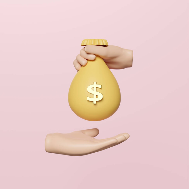 3D χέρια κινουμένων σχεδίων κρατώντας τσάντα χρήματα απομονώνονται σε ροζ φόντο. Γρήγορη πιστωτική έγκριση ή έγκριση δανείου έννοια, 3d καθιστούν εικονογράφηση  - Φωτογραφία, εικόνα