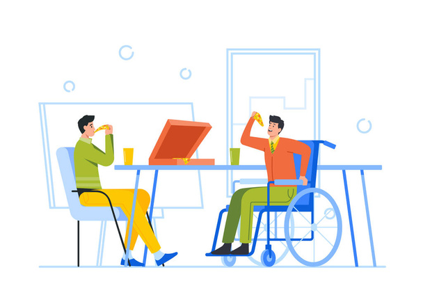 Iloiset liikemiehet Terveet ja vammaiset kollegat pyörätuolissa Syöminen Pizza toimistossa. Työntekijät Joukkueen lounas tai tauko - Vektori, kuva
