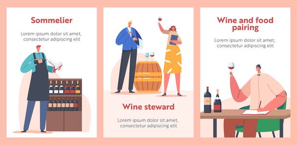 Sommelier ou Stewards Wine Degustation Banners. Personagens especialistas em restaurantes que servem bebidas, fornecem serviço de vinho - Vetor, Imagem