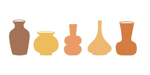 Набор глиняной керамики, керамические горшки, вазы в пастельных тонах. Сбор декоративных элементов ваз - Вектор,изображение