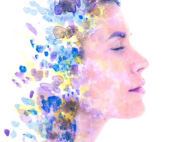 Paintography. Abstract colorful watercolor painting combined with a portrait - 写真・画像