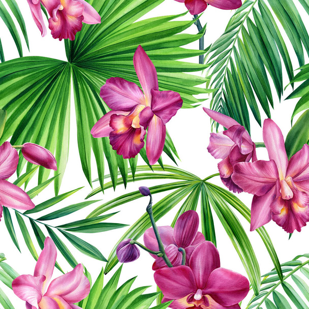 Palm leaves, tropical flowers, orchid watercolor illustration. Floral Seamless patterns.  - Fotoğraf, Görsel