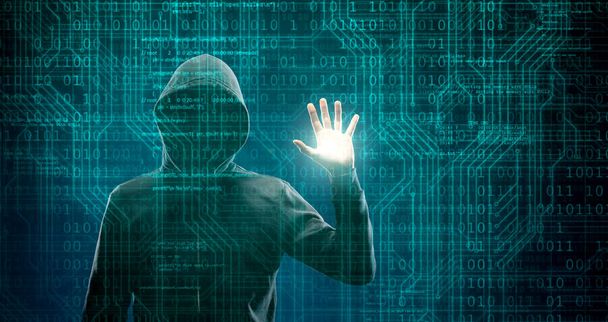 Hacker over Abstract Digital Background with Elements of Binary Code and Computer Programs. Concept of Data thief, internet fraud, darknet and cyber security. - Foto, imagen