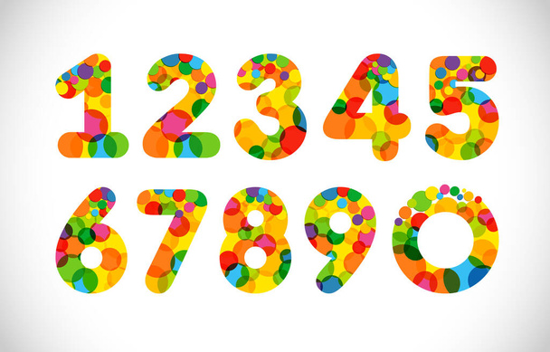 Set of colorful numbers. Creative festive confetti textured typescript. Isolated abstract graphic design template. Coloured signs 1 - 10, up 0 to 9. Sale or anniversary concept. Holiday decoration. - Vector, Imagen