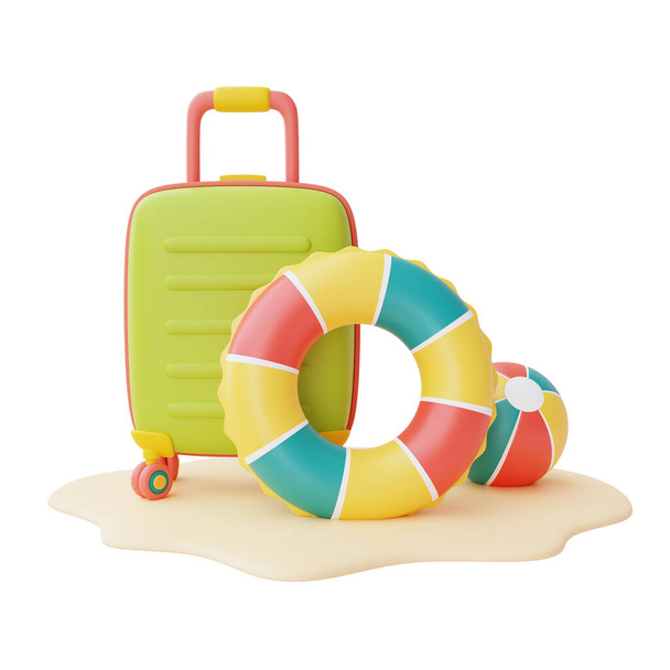 Bavullu yaz indirimi ve renkli şişme yüzük beyaz arka planda izole, yaz plajı elementleri, 3D görüntüleme. - Fotoğraf, Görsel