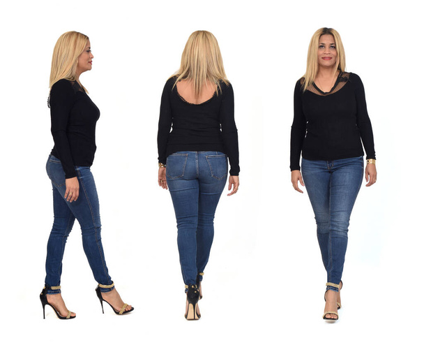 vista trasera, frontal y lateral de la misma mujer con jeans y zapatos de tacón sobre fondo blanco - Foto, imagen