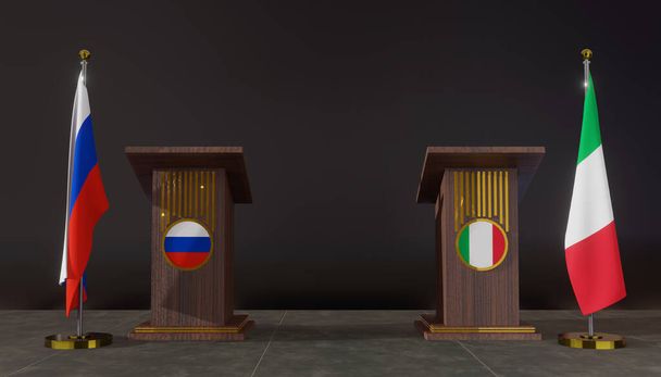 Bandiere Russia e Italia. Russia e Italia bandiera. Negoziati Russia e Italia. Rostrum per il discorso. Lavoro 3D e immagine 3D - Foto, immagini