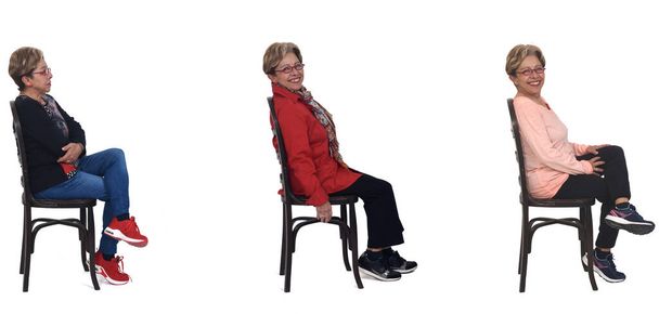 side view of same senior woman with various outfits siitng on chair on white background - Valokuva, kuva