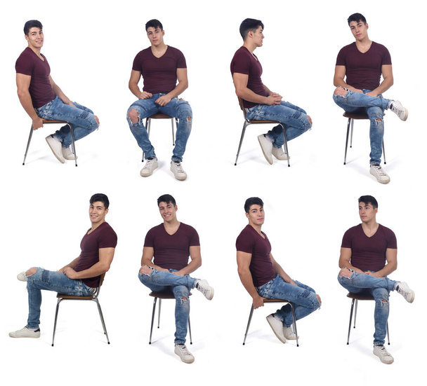 large group of a same young man sitting on a chair isolated on white background - Foto, Imagen