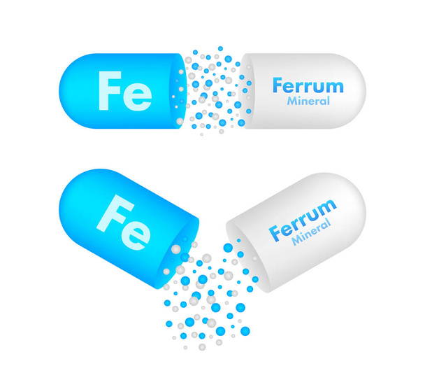 Mineral Fe Ferum azul brillante píldora icono de la cápsula. Ilustración de stock vectorial - Vector, Imagen