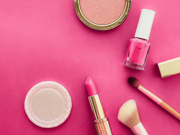 Beauty, make-up and cosmetics flatlay design with copyspace, cosmetic products and makeup tools on pink background, girly and feminine style concept - 写真・画像