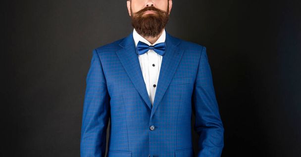 cropped man in tuxedo bow tie. cropped bride groom in formalwear on black background. formal fashion - 写真・画像