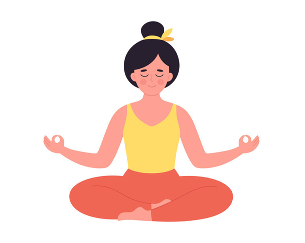 Женщина медитирует в позе лотоса. Здоровый образ жизни, йога, расслабление, дыхательные упражнения. Всемирный день йоги. Векторная иллюстрация - Вектор,изображение