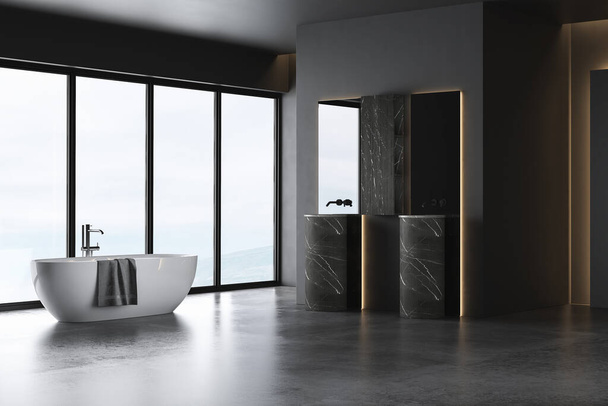 Сучасна ванна кімната з панорамним вікном, чорними стінами, бетонною підлогою, двома раковинами, душем і білою ванною. 3D рендерингу
 - Фото, зображення
