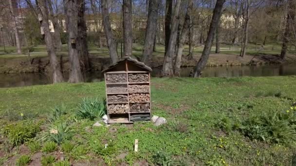 Insect house serving as an ecological refuge for insects built near the river in sunny weather - Filmati, video