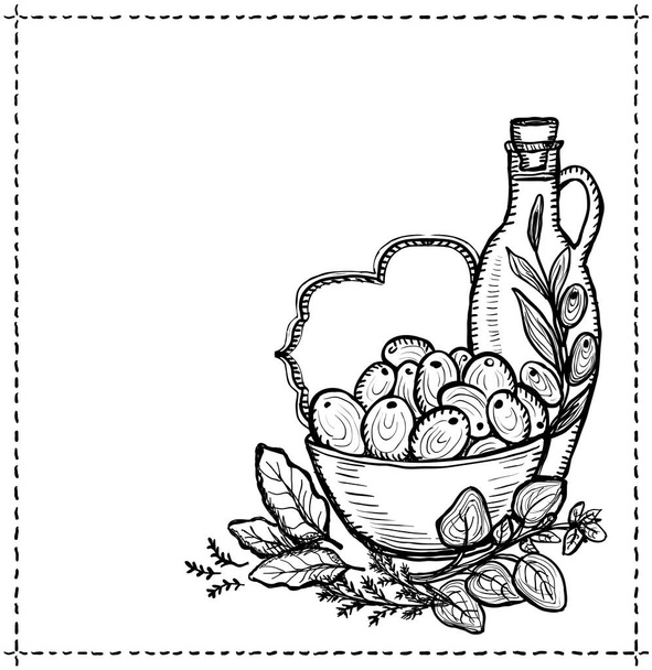 Still life with olives and a bottle of olive oil, hand drawn graphic vector illustration - Vector, Imagen