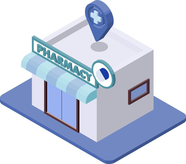 No main line, facing left. Illustration of an isometric 3D style pharmacy, pinned on the map. Medical concept. - Vector, Image