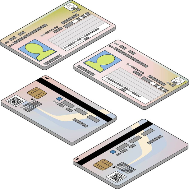 識別に使用できるマイナンバーカードの前後の3D等式イラストで、上向きのメインラインが付いています。 - ベクター画像