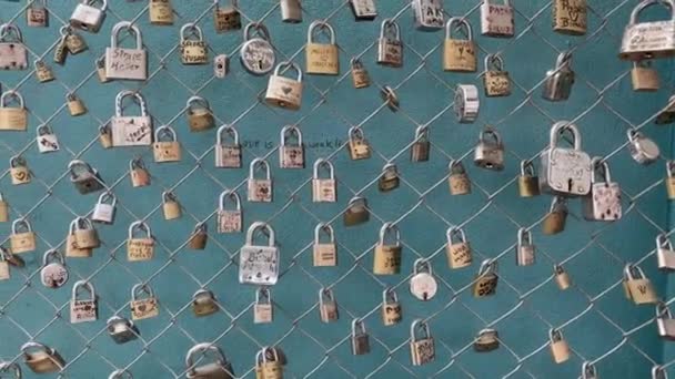 Many love locks on a mess wire fence with a green background. - Кадры, видео