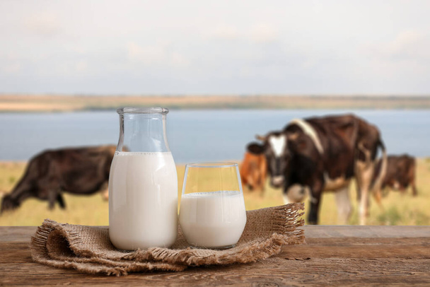 Butelka i szklanka świeżego mleka na stole na świeżym powietrzu - Zdjęcie, obraz