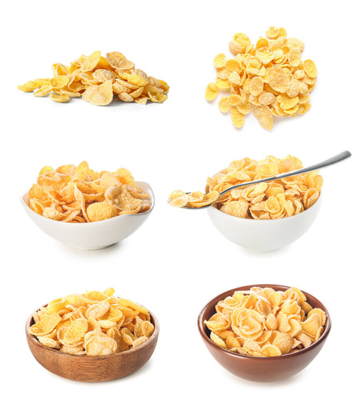 Set of tasty corn flakes on white background - 写真・画像