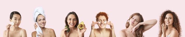 Set of beautiful women taking care of their skin on light pink background - Photo, Image