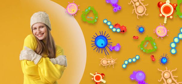 Krásná mladá žena se silnou imunitou na žlutém pozadí. Ochrana před bakteriemi, bakteriemi a viry - Fotografie, Obrázek