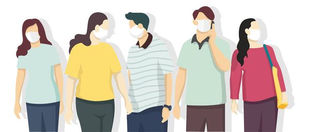 People are wearing face mask for virus protection, air pollution, contaminated air, world pollution. Modern flat vector illustration. - Vector, Image